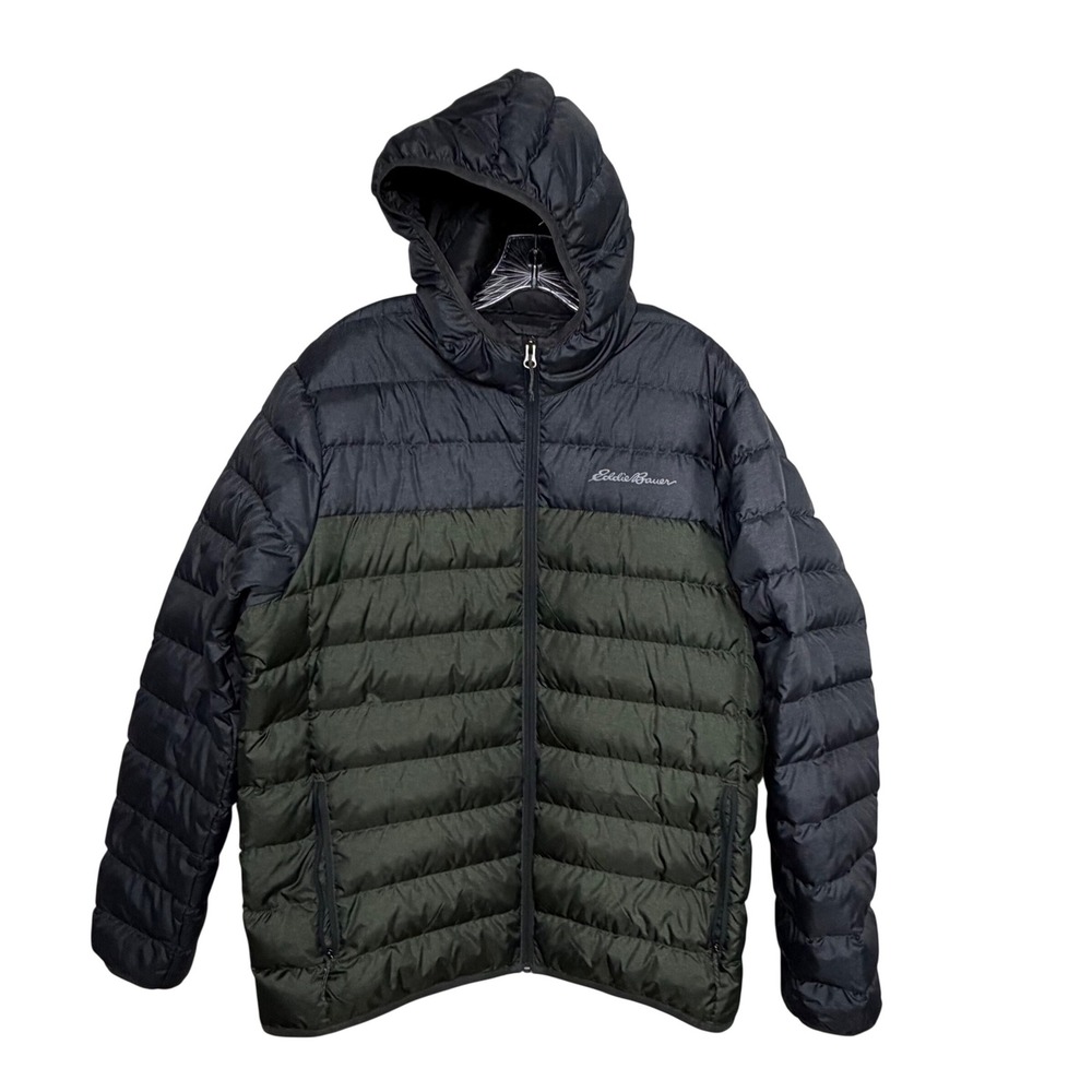 Eddie‎ Bauer Cirruslite Hooded Duck Down Puffer Jacket Green Colorblock Mens L